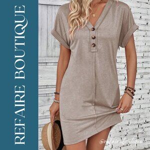 V Neck Buttoned Exposed Seam T-Shirt Dress
